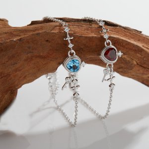 S925 Sterling Silver Bracelet with Natural Garnet Colorful Gemstones and Topaz Heart-shaped Lock